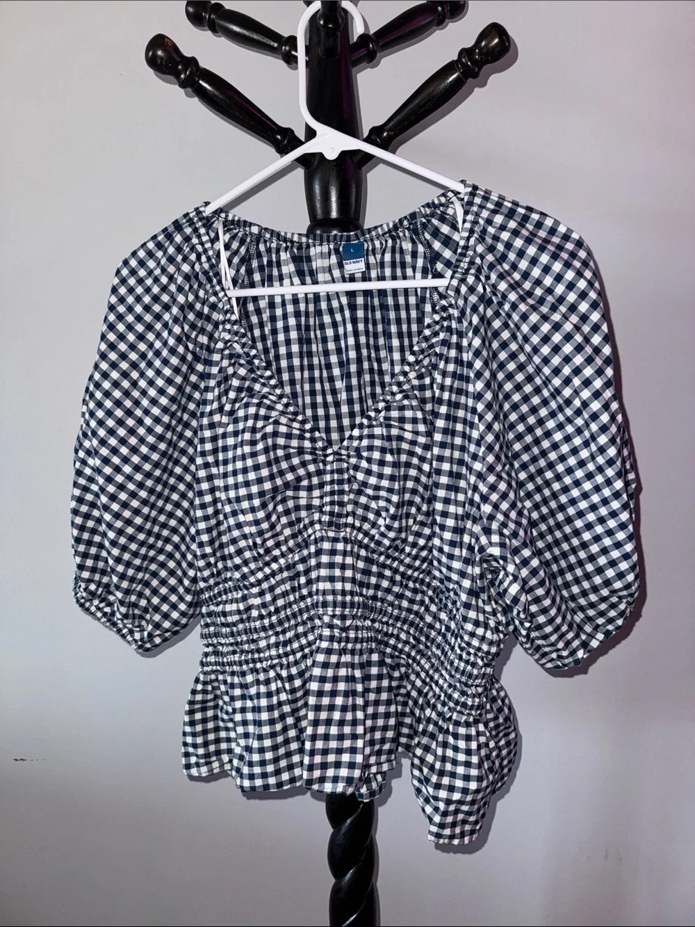 Old Navy Navy and White Gingham Puff-Sleeve Peplum Top 20.T